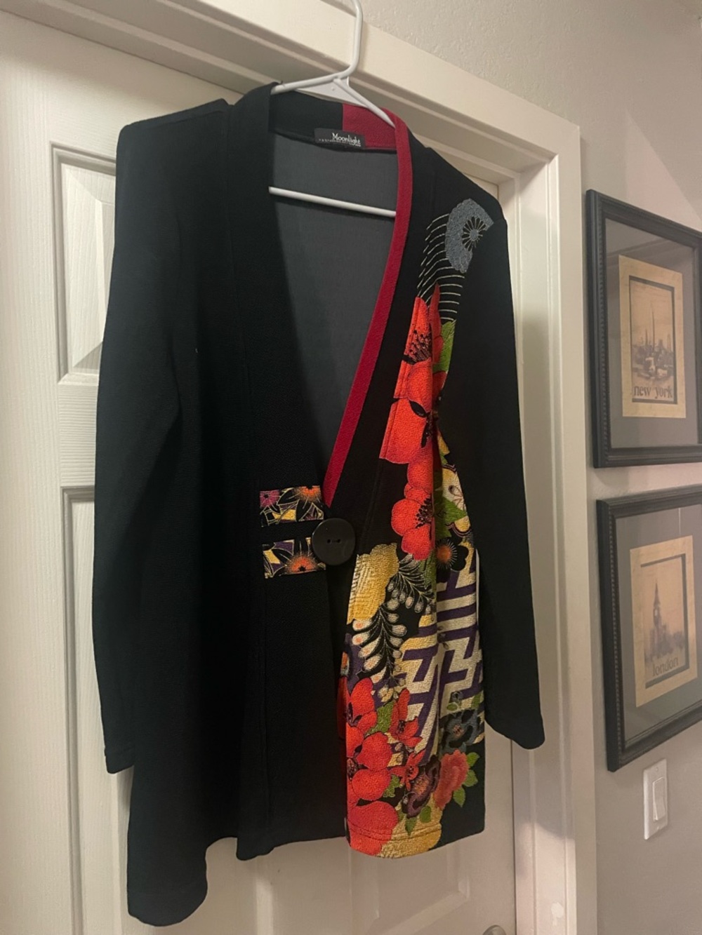 SKU0025 Black Cardigan with Vibrant Floral Panel by Montalto